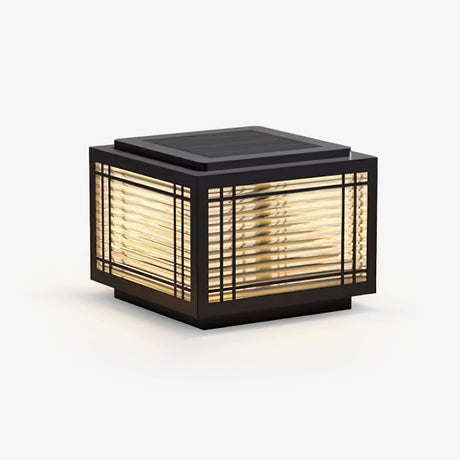 Square post cap with a ribbed glass lantern behind a slim black grid