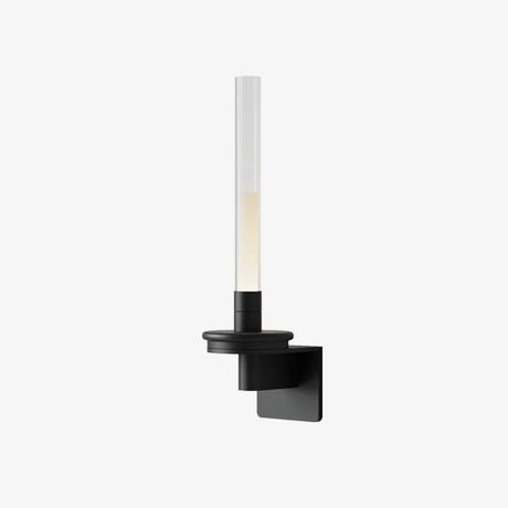 A slim frosted stem rising from a stepped black bracket, lit against pale gray