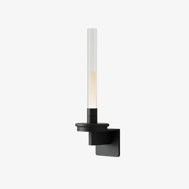 A slim frosted stem rising from a stepped black bracket, lit against pale gray