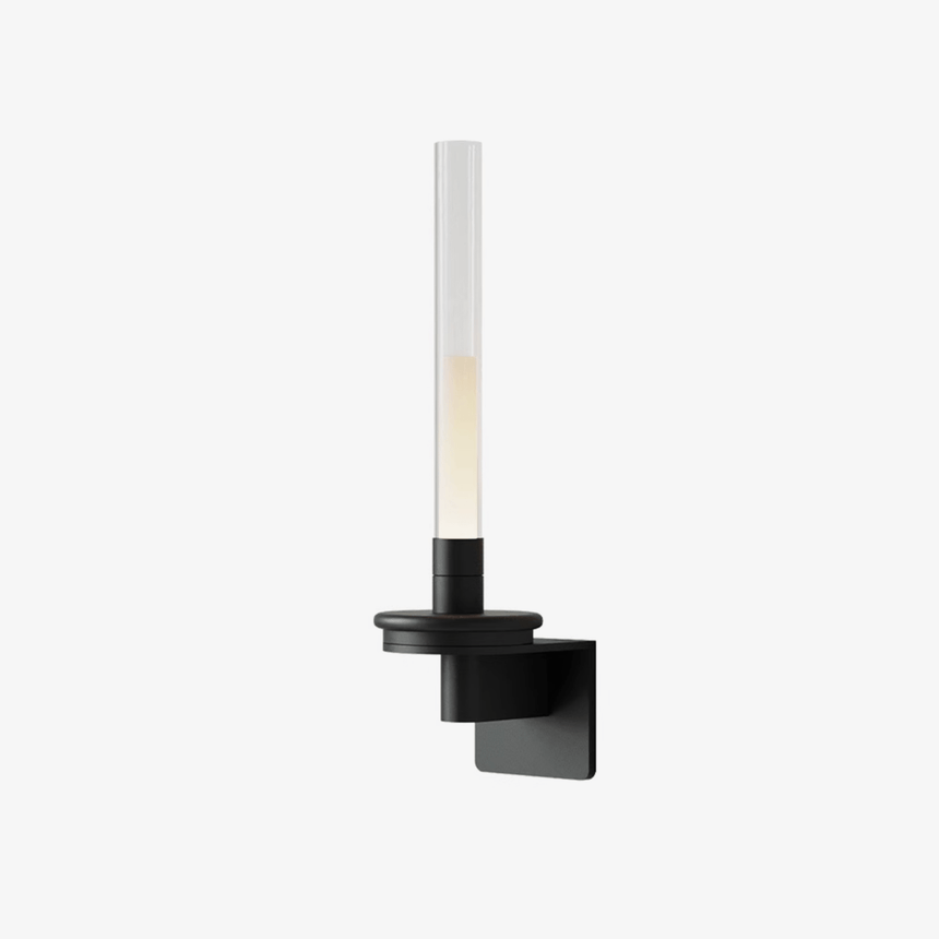 A slim frosted stem rising from a stepped black bracket, lit against pale gray