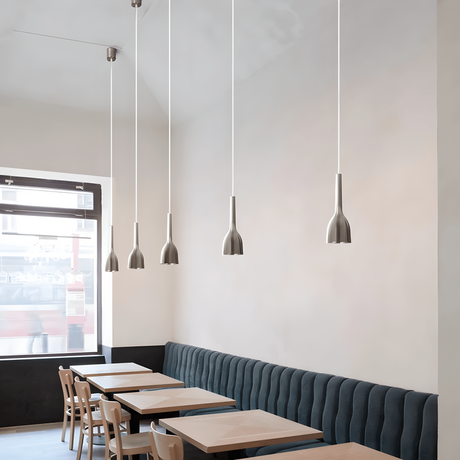 Metal pendant light side angle detail view