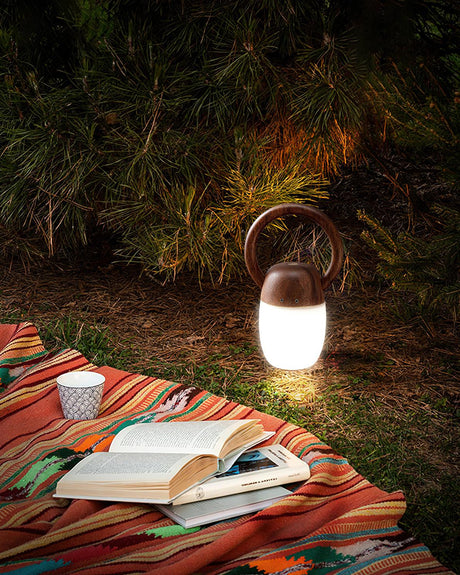 Dimmable bedside lamp lit on the ground beside an open book and a blanket