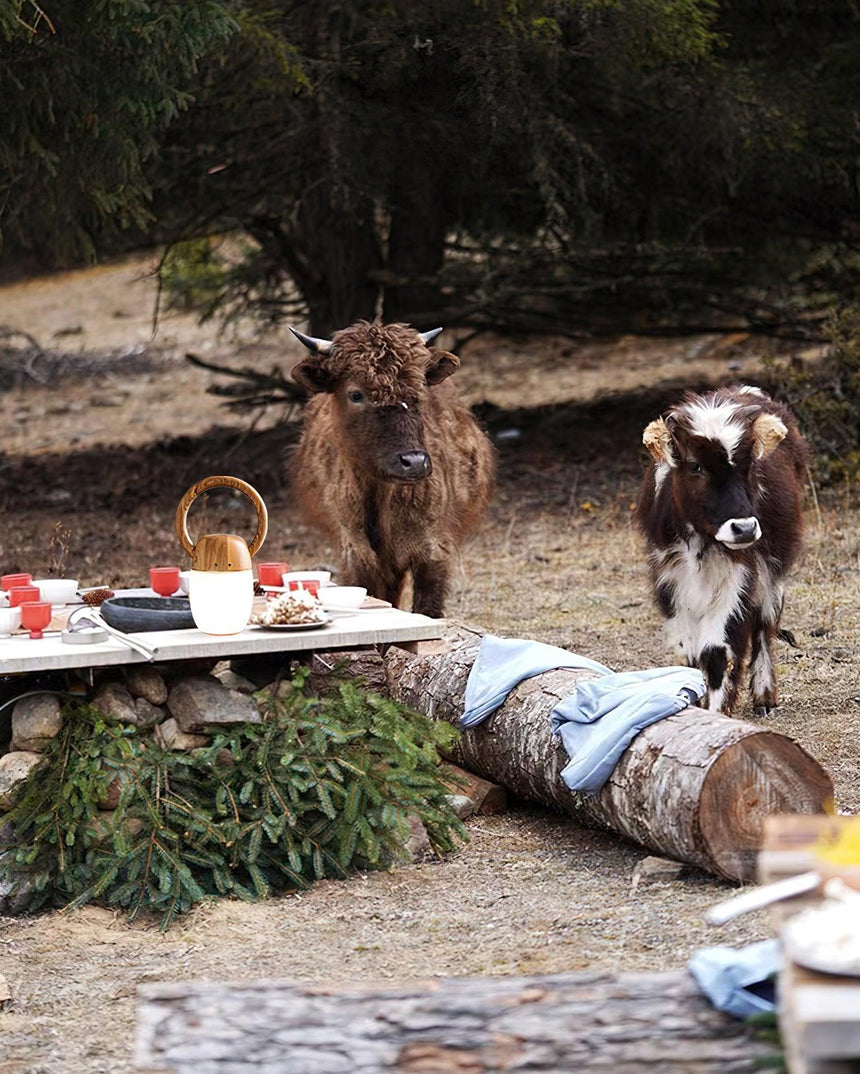 Dimmable bedside lamp lit on a log table in a field with cattle behind