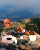 Dimmable bedside lamp lit on a stone slab beside fruit and glasses