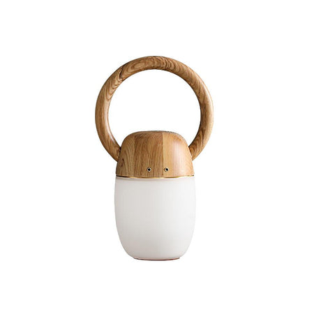 Dimmable bedside lamp with the natural wood cap and ring handle, front view