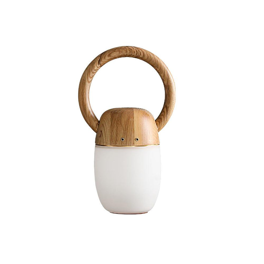 Dimmable bedside lamp with the natural wood cap and ring handle, front view