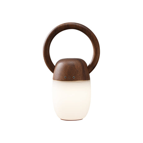 Dimmable bedside lamp in walnut, lit and seen from the front