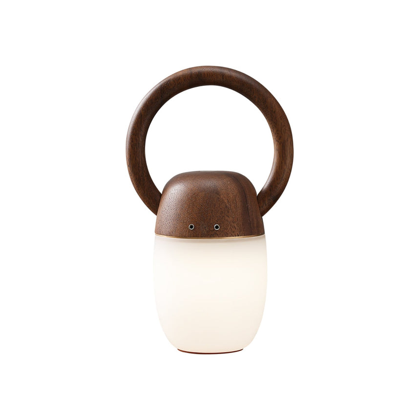 Dimmable bedside lamp in walnut, lit and seen from the front