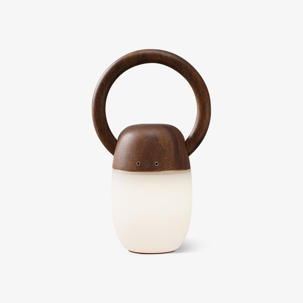 Dimmable bedside lamp with a wood ring handle and a lit acrylic body, plain ground