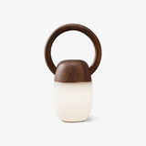 Dimmable bedside lamp with a wood ring handle and a lit acrylic body, plain ground