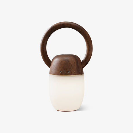 Dimmable bedside lamp with a wood ring handle and a lit acrylic body, plain ground