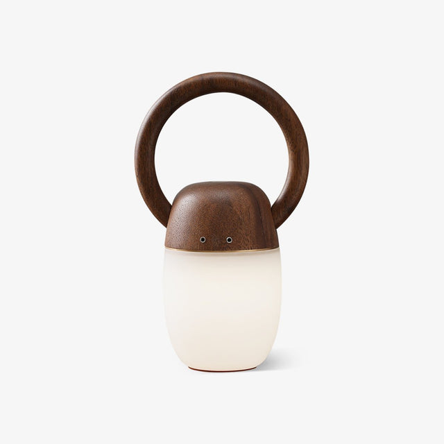 Dimmable bedside lamp with a wood ring handle and a lit acrylic body, plain ground