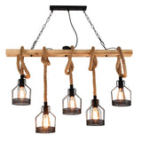 The eight light wood beam chandelier seen at an angle with its rope loops
