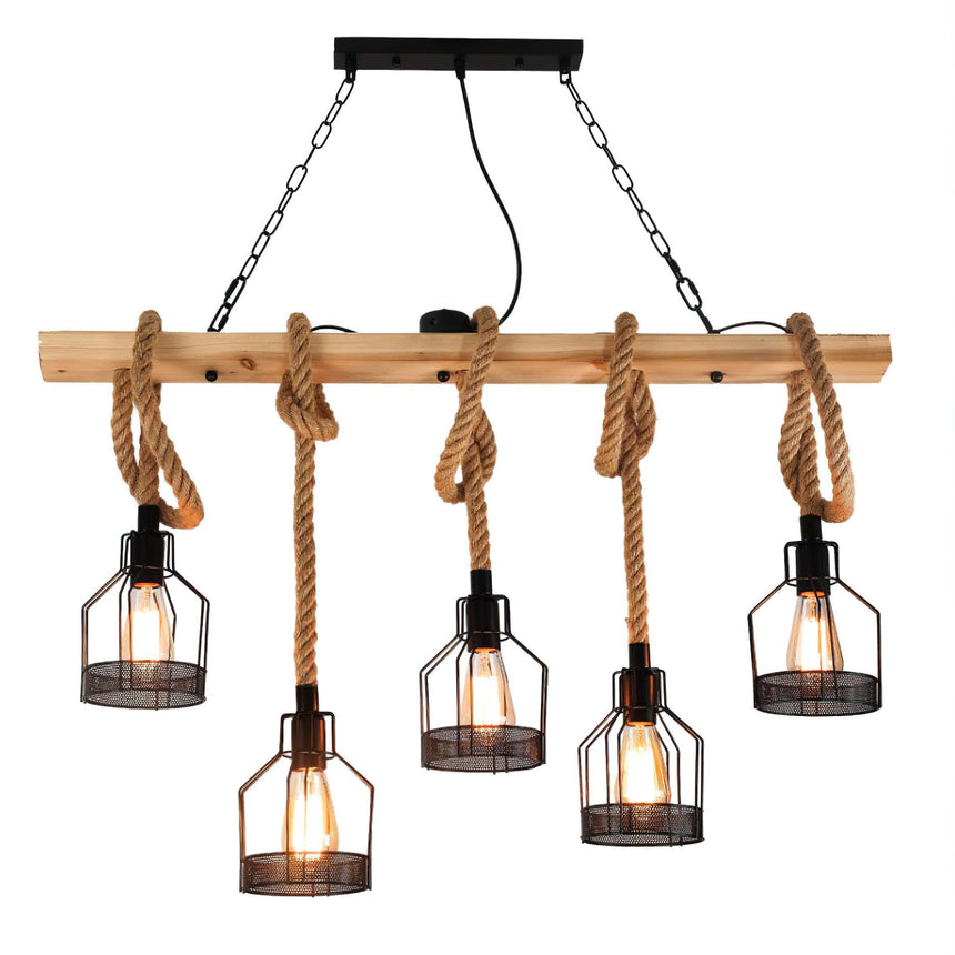 The eight light wood beam chandelier seen at an angle with its rope loops