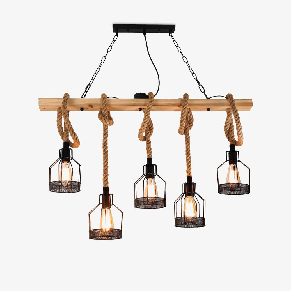Wood beam chandelier with five iron cage shades hanging from hemp rope