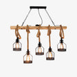 Wood beam chandelier with five iron cage shades hanging from hemp rope
