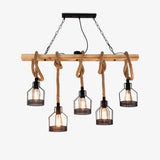Wood beam chandelier with five iron cage shades hanging from hemp rope