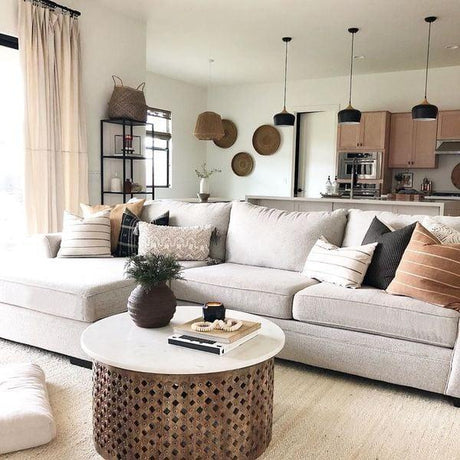 Dome ceiling light in a living room above a low table