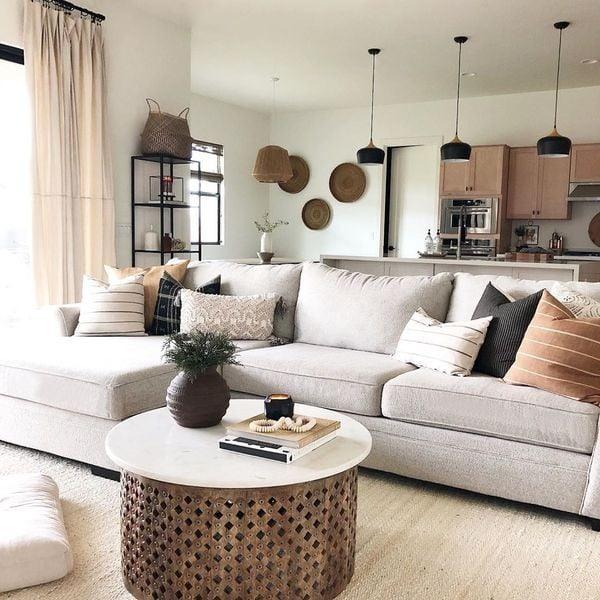 Dome ceiling light in a living room above a low table