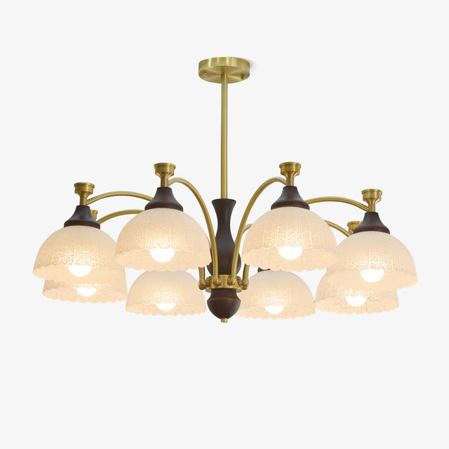 Dome chandelier with ribbed opal glass domes on brass arms