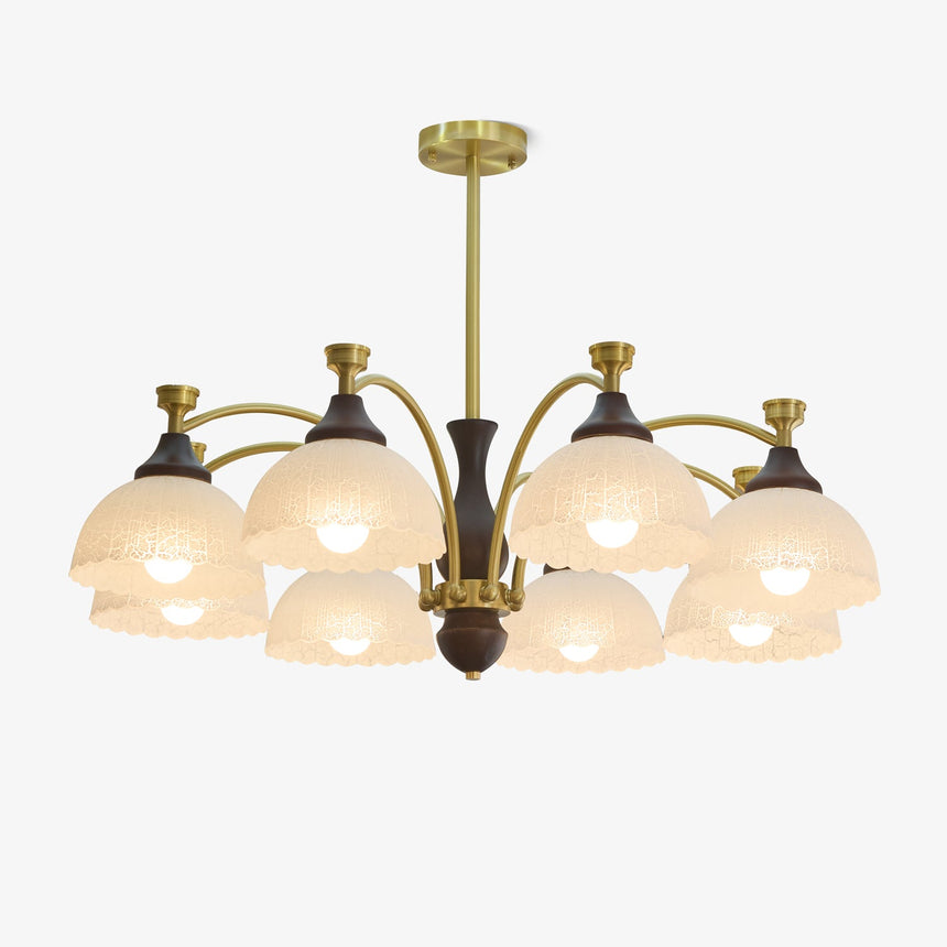 Dome chandelier with ribbed opal glass domes on brass arms