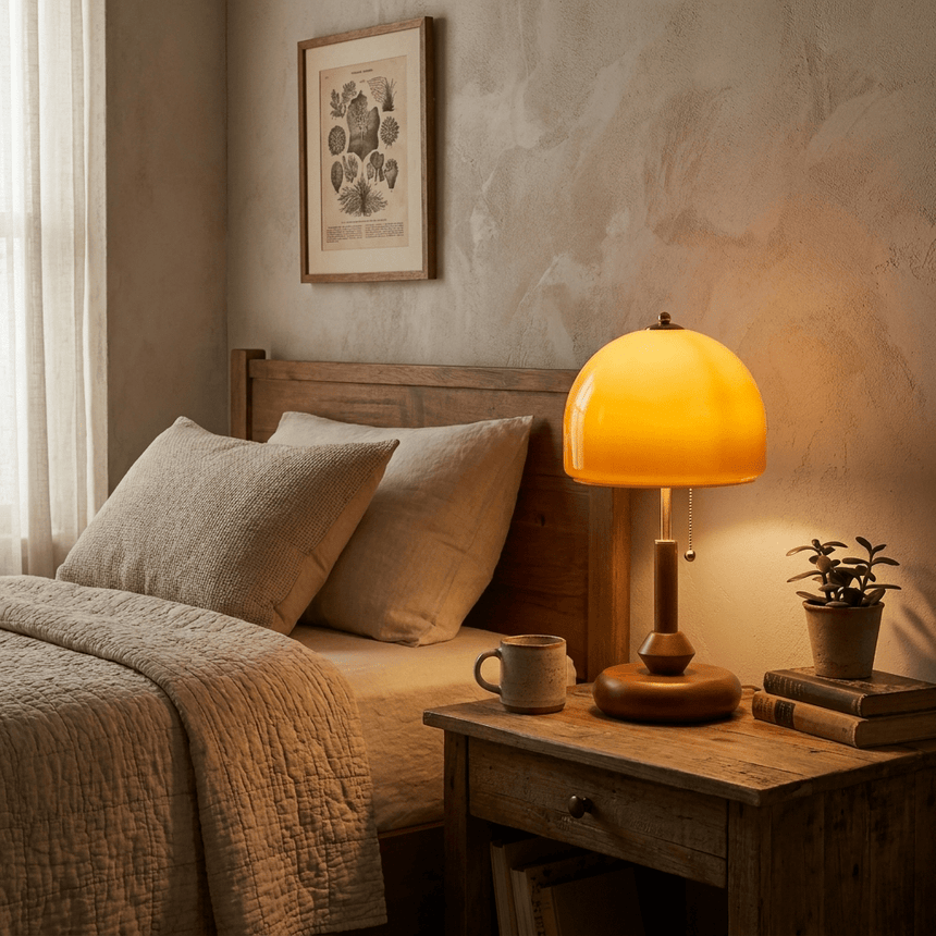 Amber dome table lamp lit on a bedside table beside books and a mug