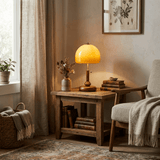 Amber dome table lamp lit on a side table beside a window and a chair