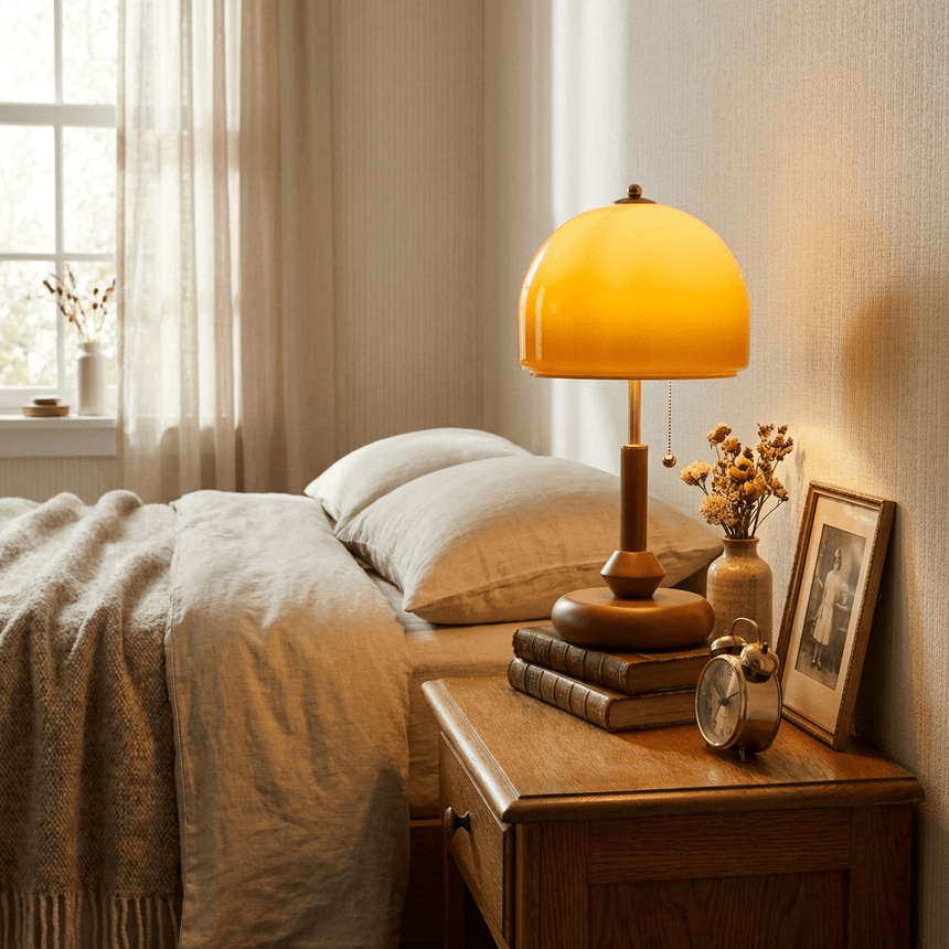 Amber dome table lamp lit on a nightstand beside a made bed