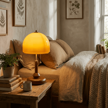 Amber dome table lamp lit on a low wooden table beside a bed