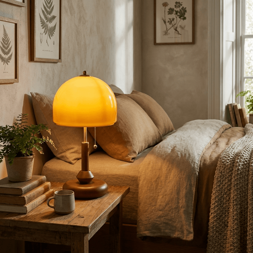 Amber dome table lamp lit on a low wooden table beside a bed