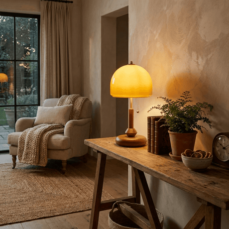 Amber dome table lamp lit on a long wooden console beside a plant