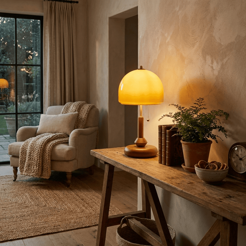 Amber dome table lamp lit on a long wooden console beside a plant