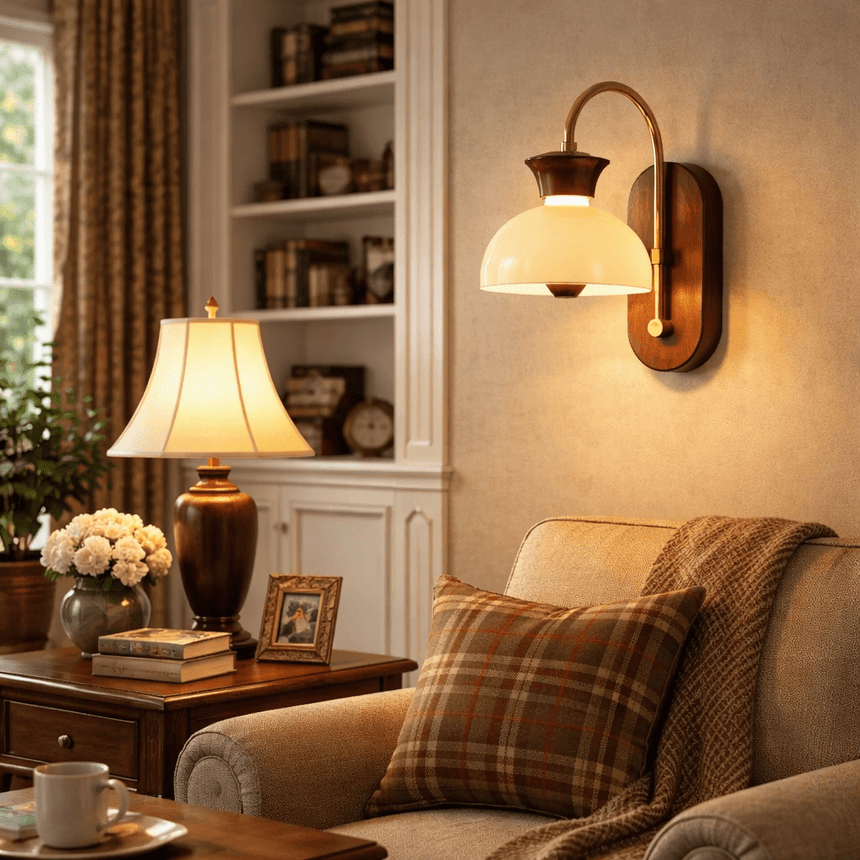 Traditional wall sconce with a metal shade