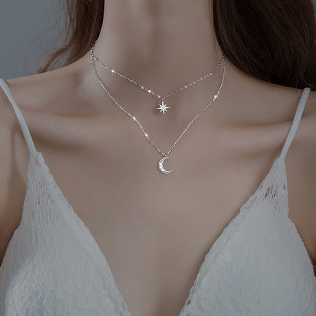 Lyra Moon Duo Necklace Layered Silver Double Moon Pendant - OpalDwell