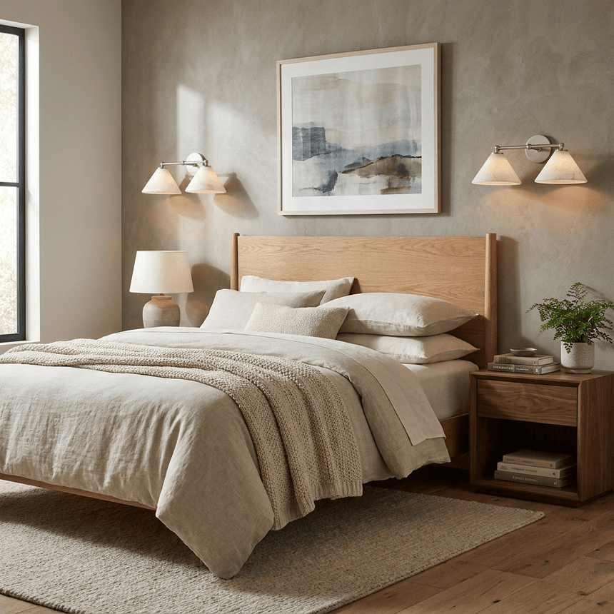 A pair of sconces lit on each side of a bed with a wood headboard