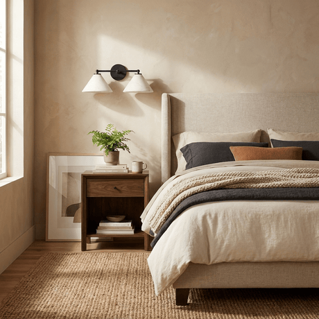 The sconce lit above a nightstand with a plant beside a made bed