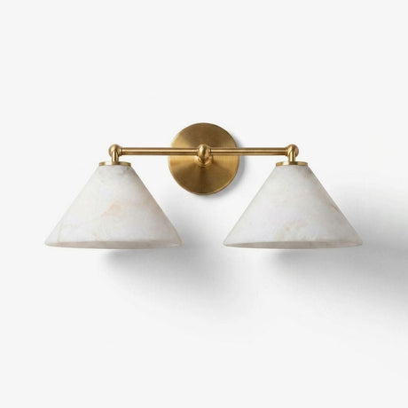 Two tapered stone shades on a horizontal brass bar with a round wall plate