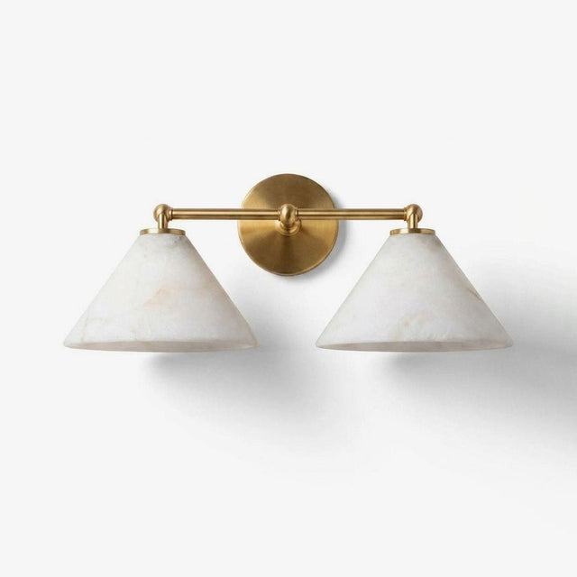 Two tapered stone shades on a horizontal brass bar with a round wall plate