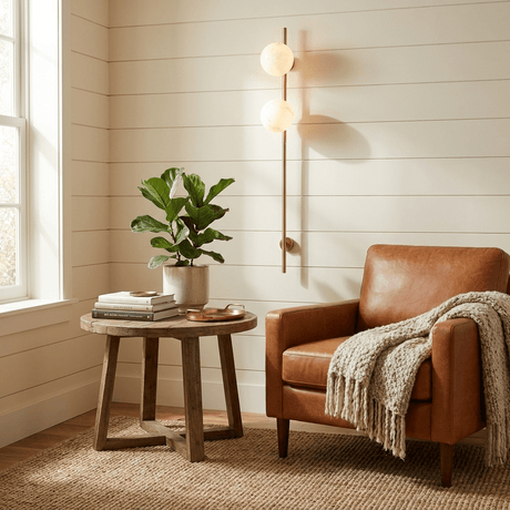 The lit sconce above a side table and a leather armchair with a throw