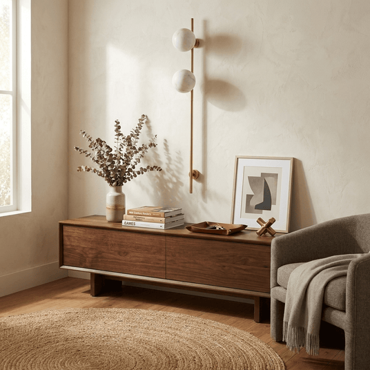 The lit sconce beside a walnut sideboard with a vase of dried stems
