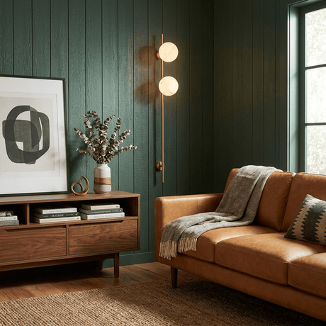 The lit sconce on a green paneled wall above a cabinet and a leather sofa