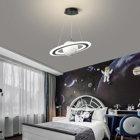 planet pendant light celestial glow close-up