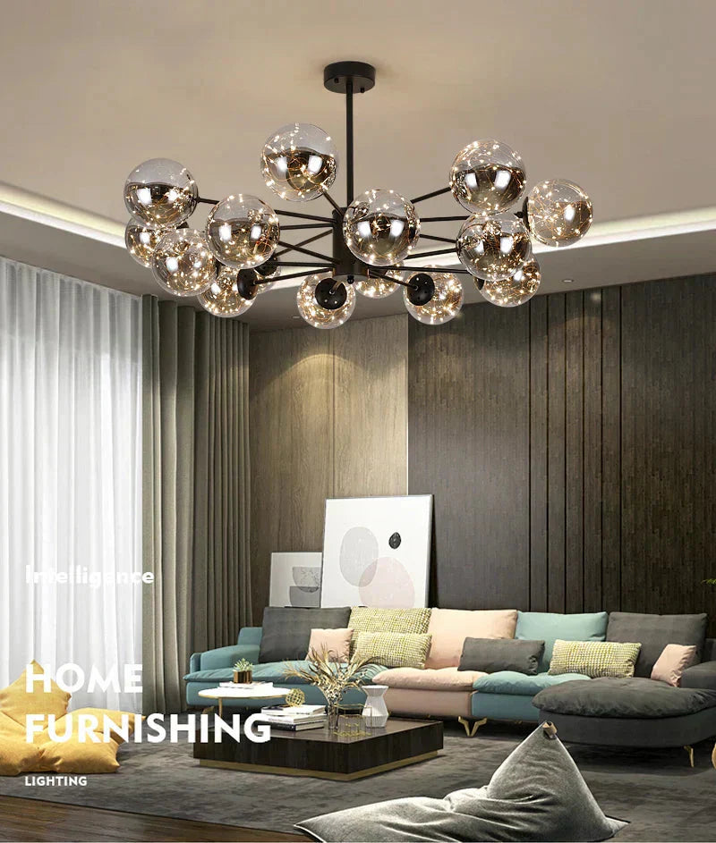 Glass globe chandelier iron frame