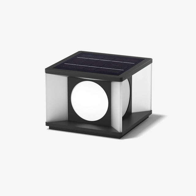 Cube post light with a round lit disc set into each of its four faces