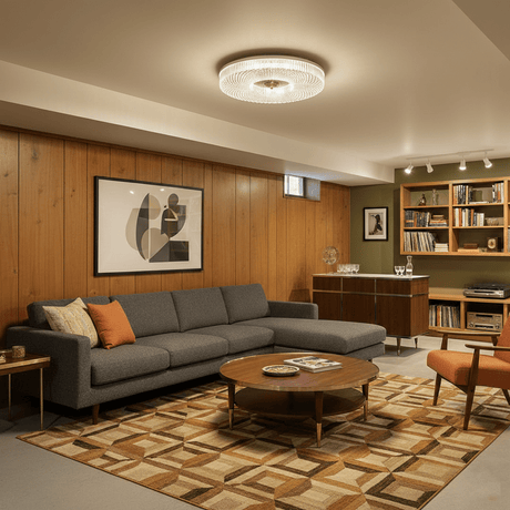 Ribbed drum ceiling light in a living room with wood paneling