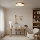 Ribbed drum ceiling light in a study with a desk and framed prints