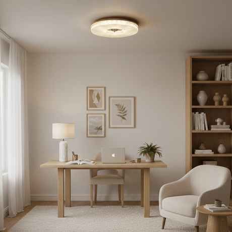 Ribbed drum ceiling light in a study with a desk and framed prints