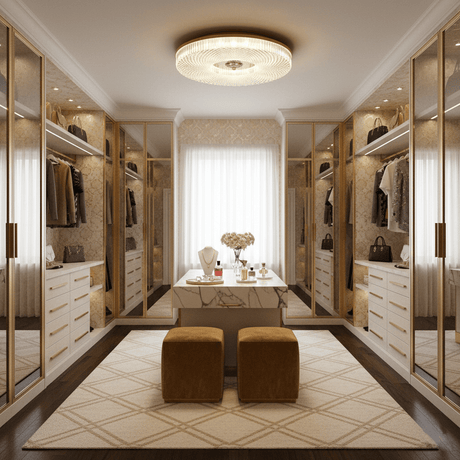 Ribbed drum ceiling light in a walk in closet with mirrored doors