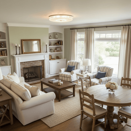 Ribbed drum ceiling light in a living room with a fireplace and sofas