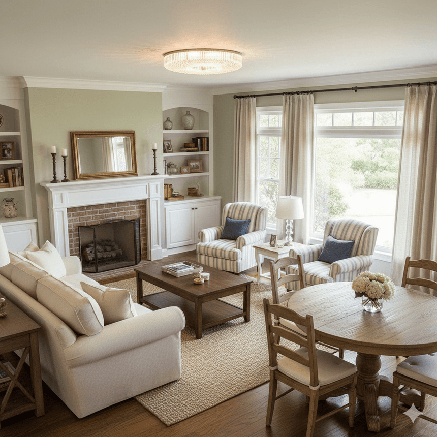 Ribbed drum ceiling light in a living room with a fireplace and sofas